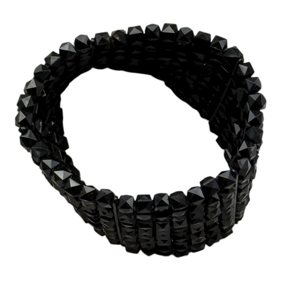 Black Faceted Beaded Stretch Bracelet Wide Statement Cuff - Picture 8 of 8
